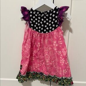 Matilda Jane Platinum Floral Dress with Black Cat and Purple Ruffle Sleeves 2